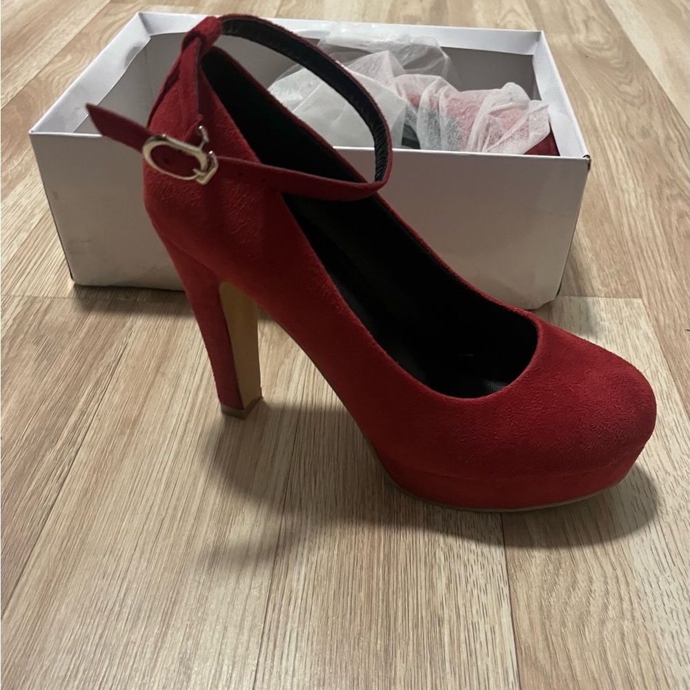 Red ankle strap pumps
